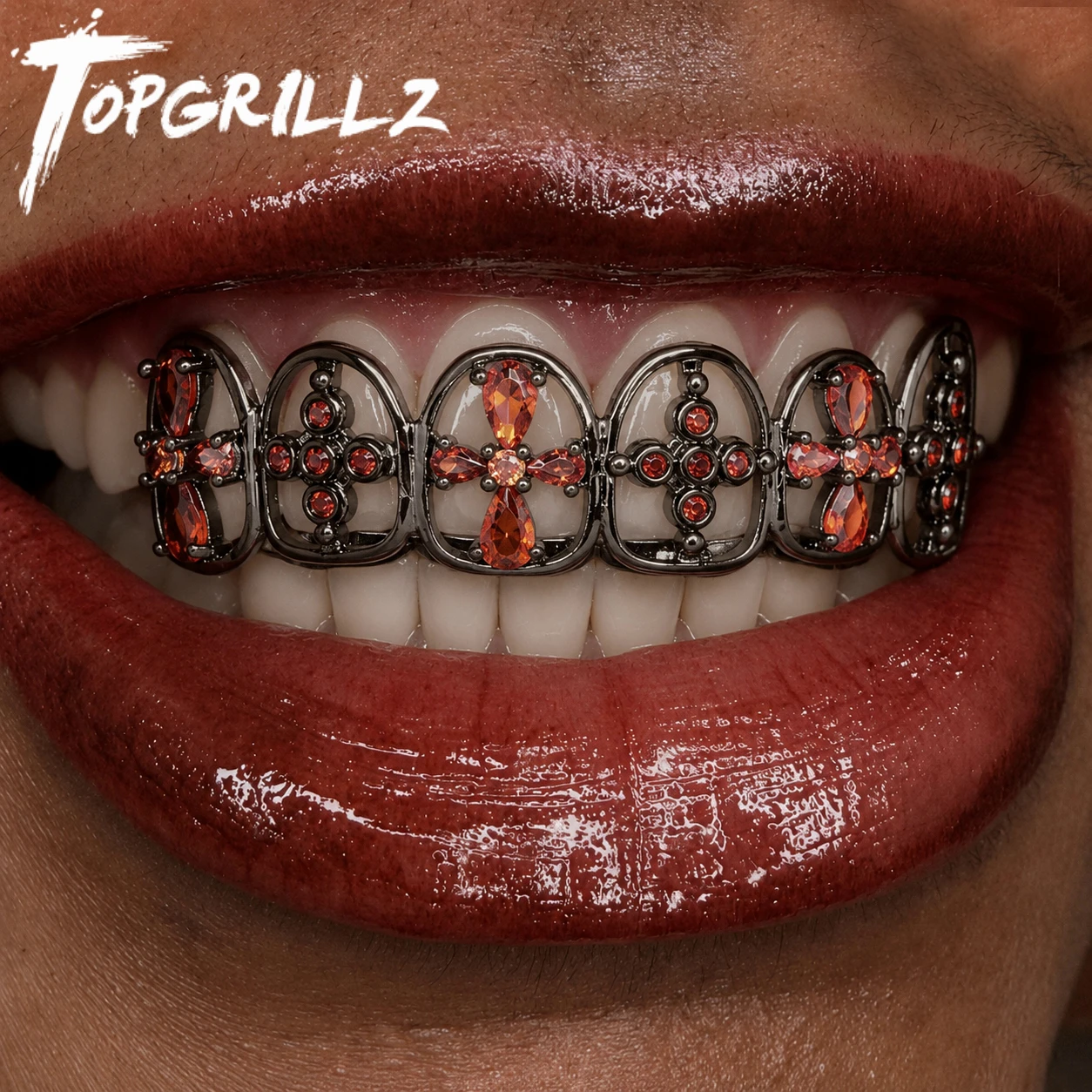 TOPGRILLZ Gothic Cross Flower Red Zircon Teeth Grillz Black Color CZ Stone Tooth Caps For Women Men Christmas Jewelry Gift