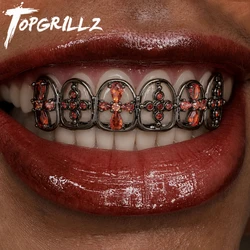 TOPGRILLZ Gothic Cross Flower Red Zircon Teeth Grillz Black Color CZ Stone Tooth Caps For Women Men Christmas Jewelry Gift