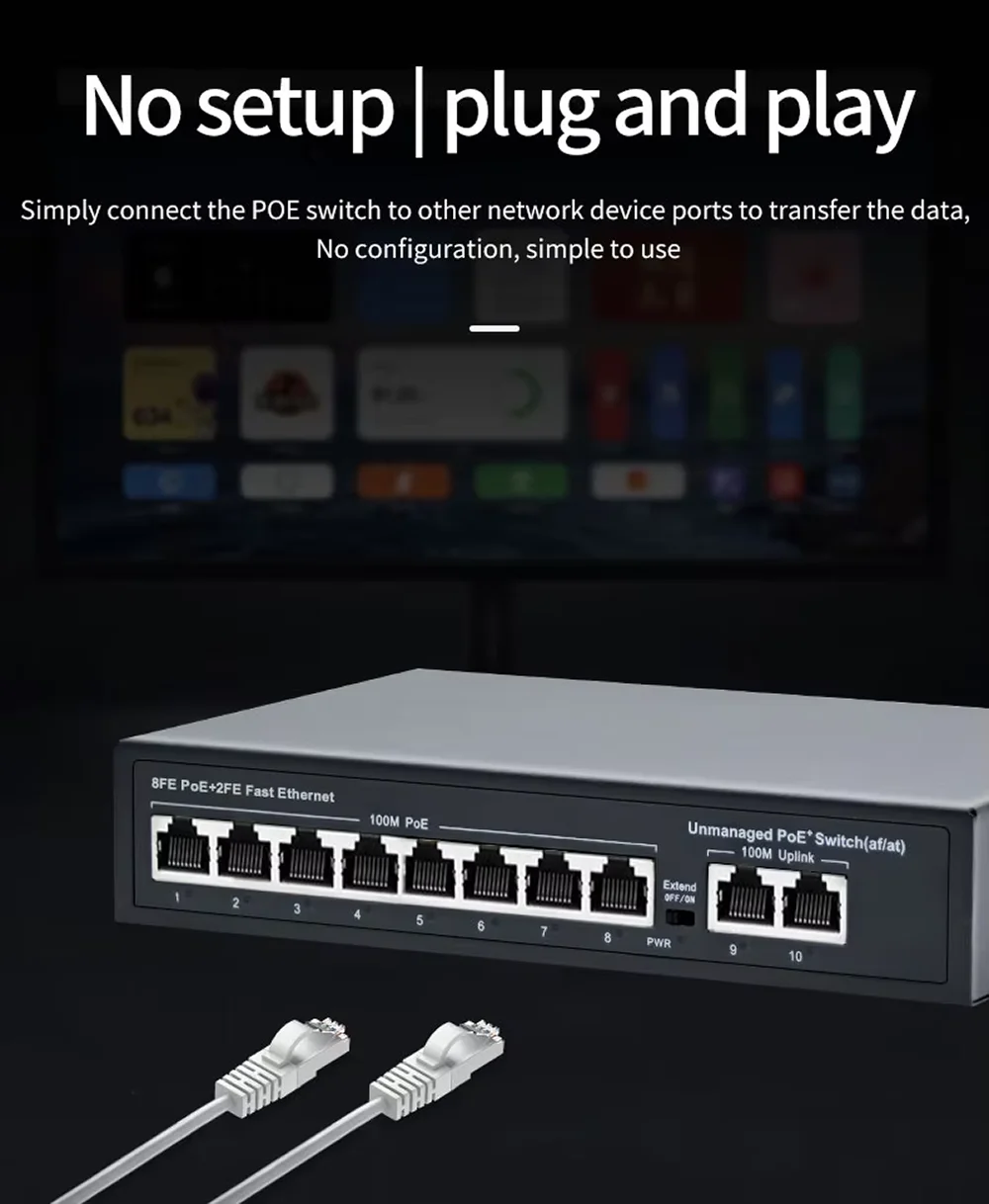 100 MBit/s 10 Ports Poe Switch ,8 * Poe Port 2 * Uplink Port Poe Switch Standard protokoll 120W eingebaute Leistung für Poe-Kamera