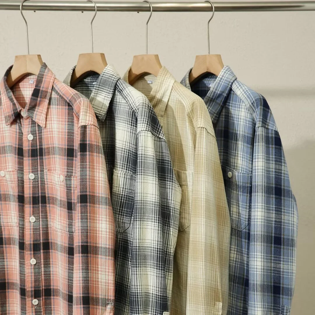 

Long Sve Plaid irt Coat ex Couples Fitting Room Bamboo Cotton Youth Autumn Season Breathable Loose Fit Japanese Sle