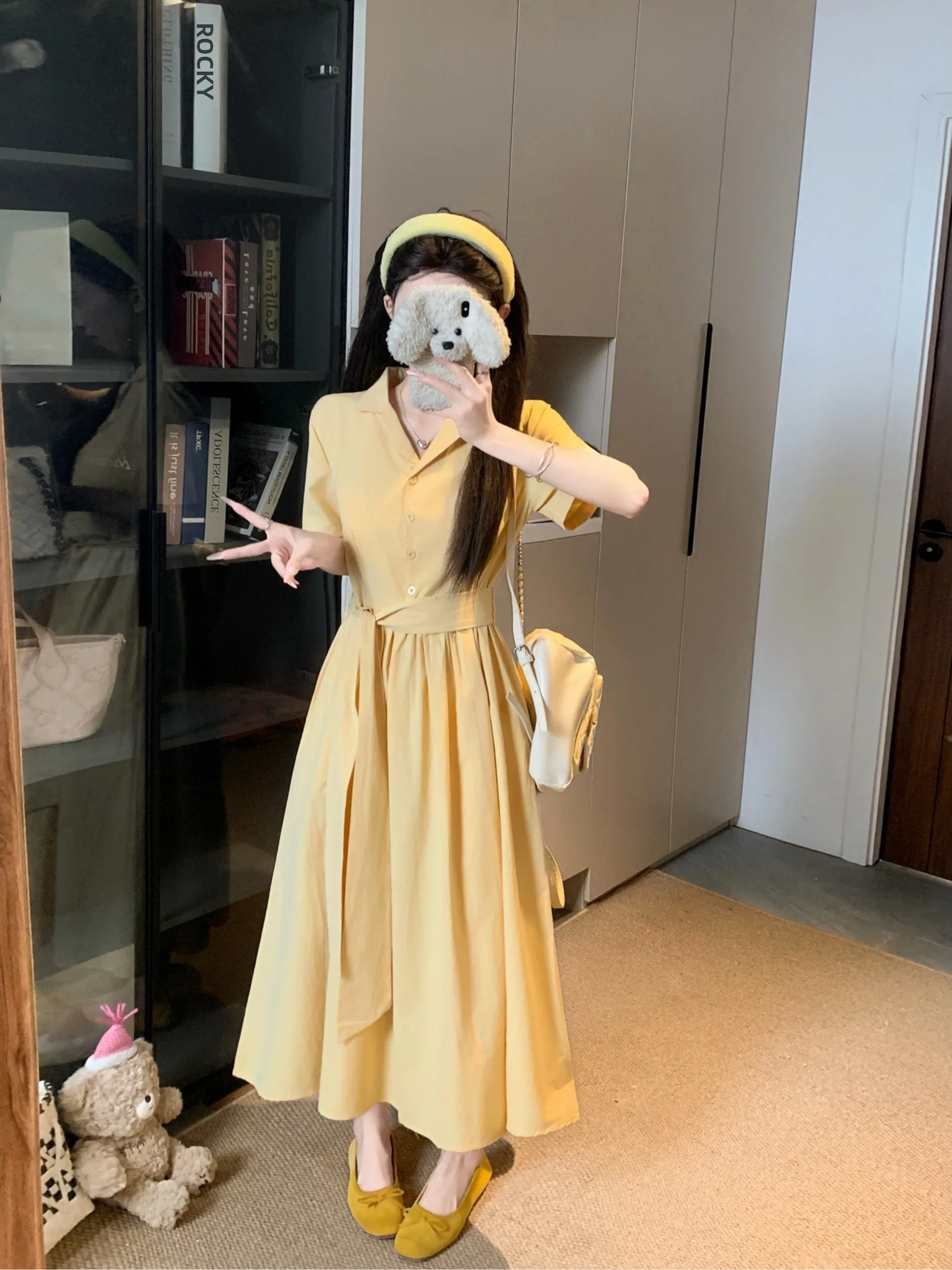

plus Size Yellow V-Neck Shirt Dress Women's Summer New High Waist Slimming A-Line Long Dress Commute Style Korean Version
