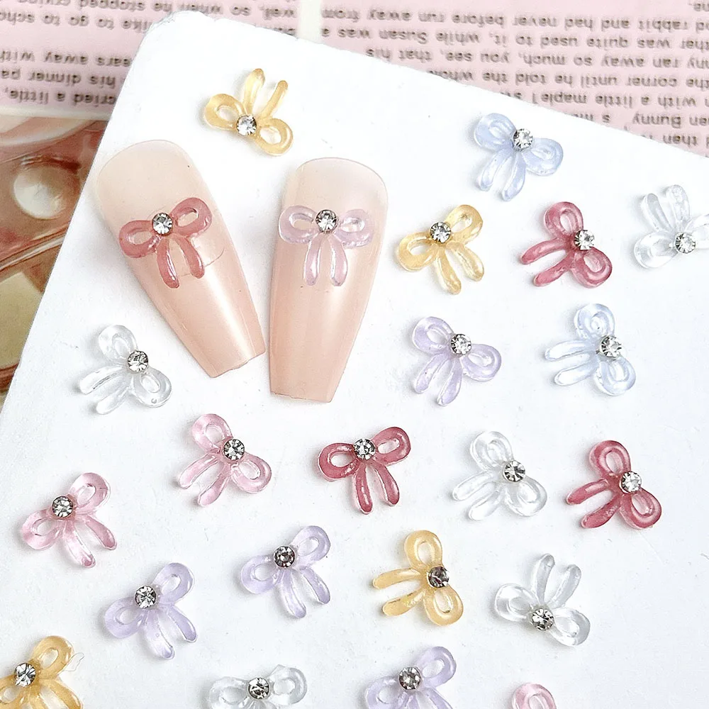 30 個ダイヤモンド弓ネイルチャーム 4 色蝶ネクタイネイルデコレーション半透明ゼリーちょう結びアクセサリーミニラインストーンパーツ