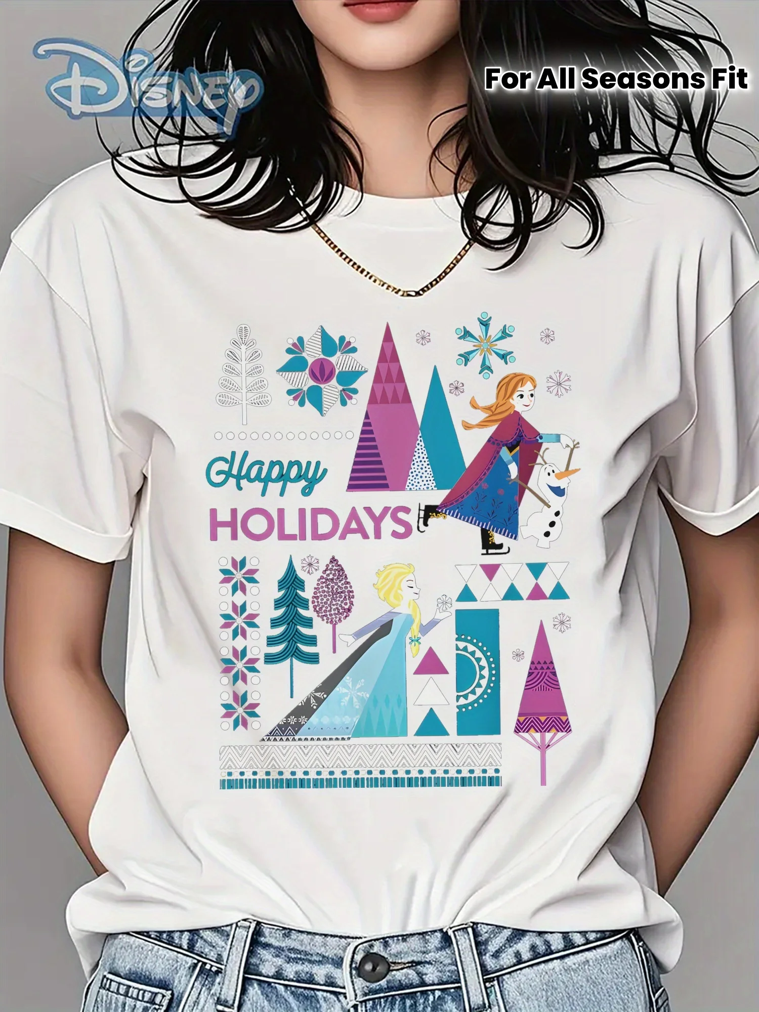 تي شيرت ديزني فروزن آنا إلسا أولاف Happy Holidays للسيدات - تي شيرت كاجوال 100% قطن بأكمام قصيرة ورقبة دائرية مع احتفالات