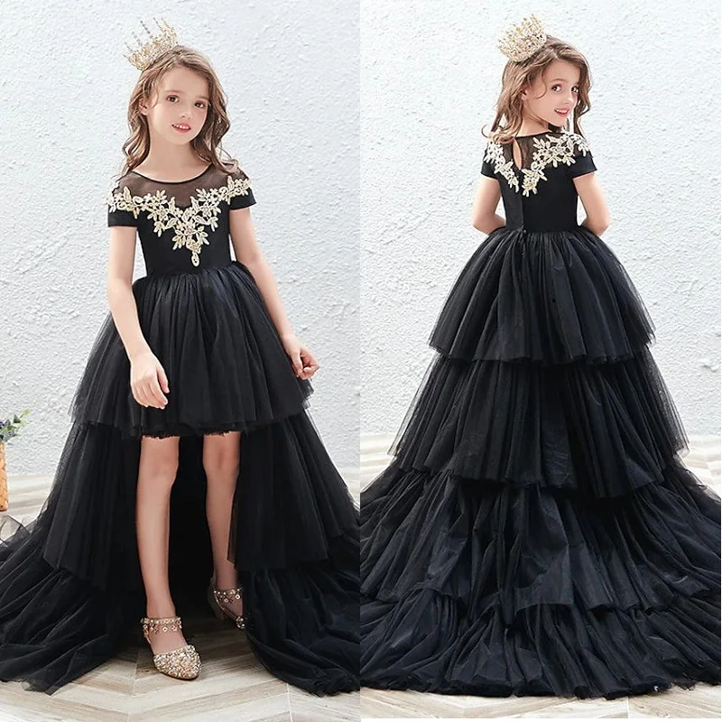 Preto applique flor menina vestido de renda manga curta tule inchado princesa crianças festa aniversário primeira comunhão vestidos baile vestido