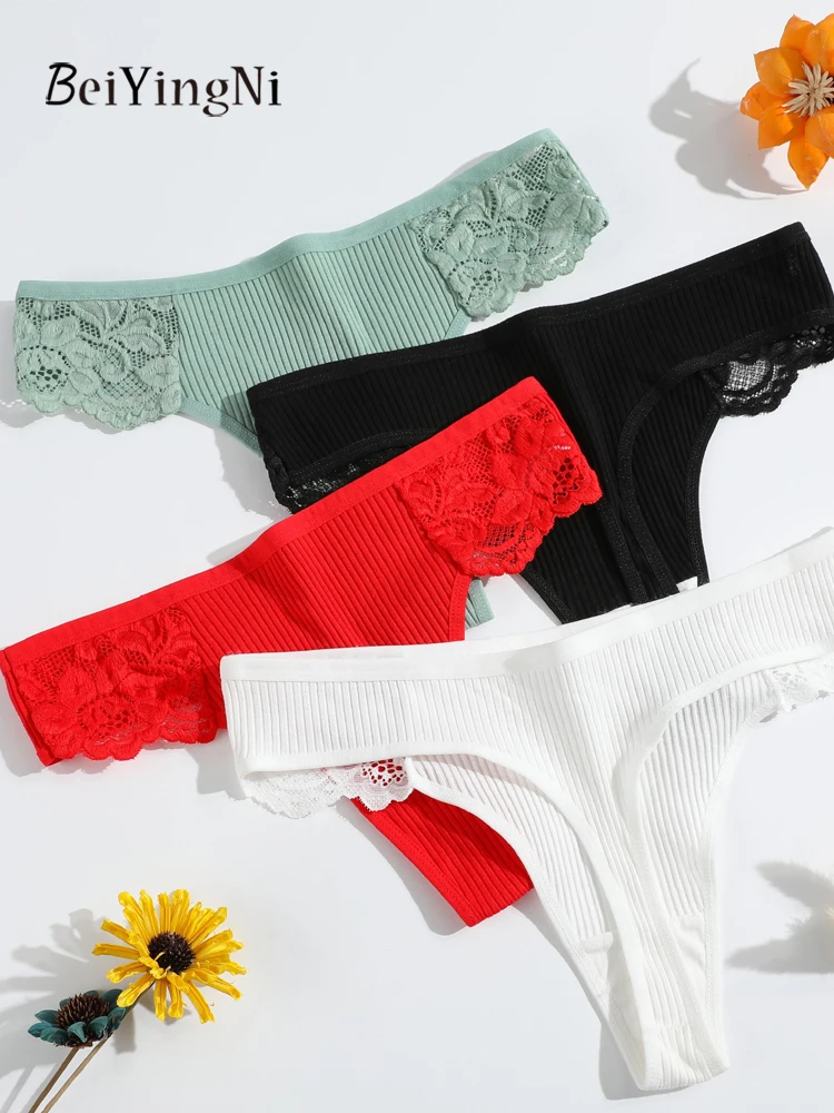 Beiyingni 3Pcs/Lot Cotton Panties Sets for Women Lace Patchwork Sexy Thongs Female Breathable Daily Underwear Soft Pink Lingerie