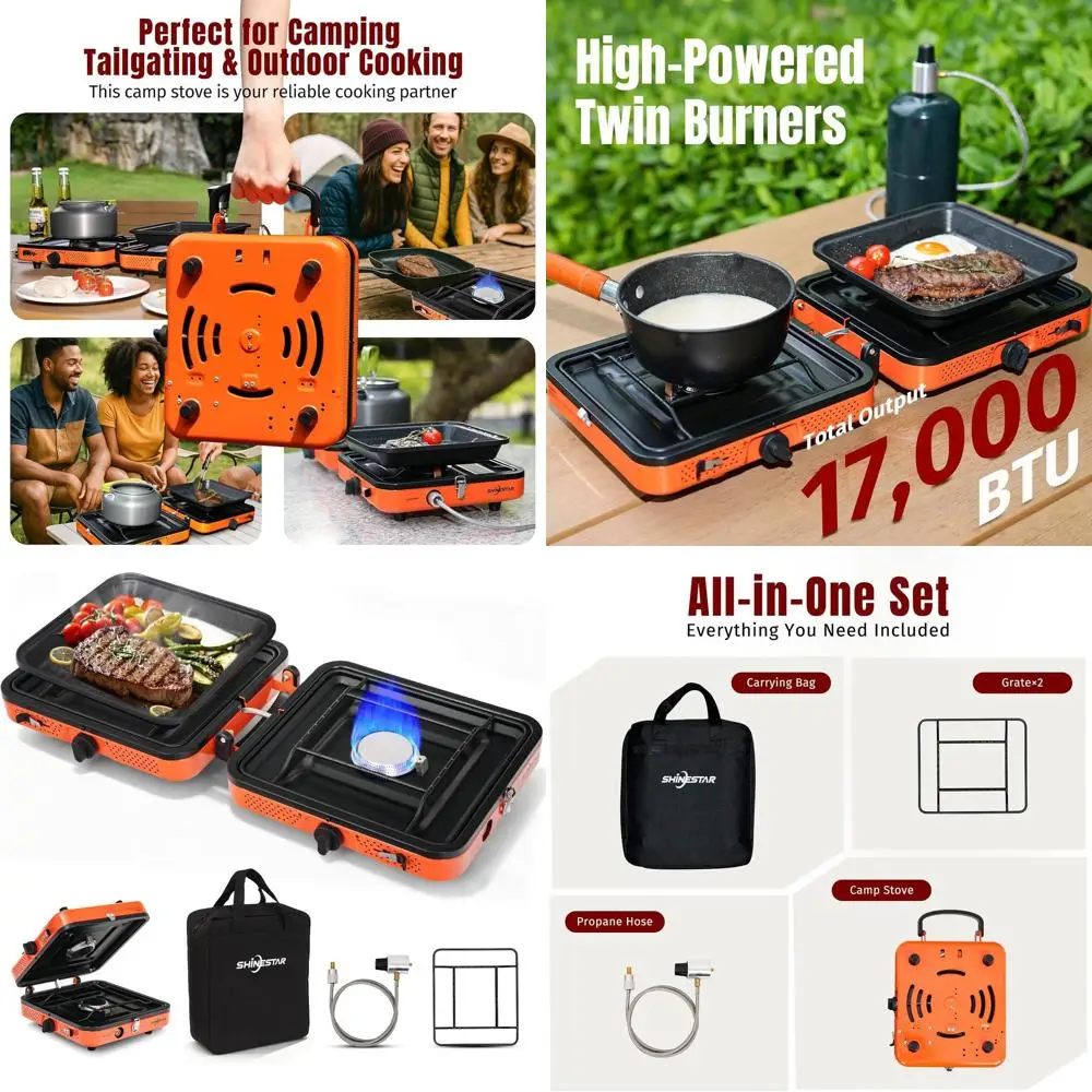 

Portable Camping Stove with Carrying Bag, 17000 BTU 2 Burner Propane Stove, Foldable Camp Stove for Camping, Outdoor Cooking, RV