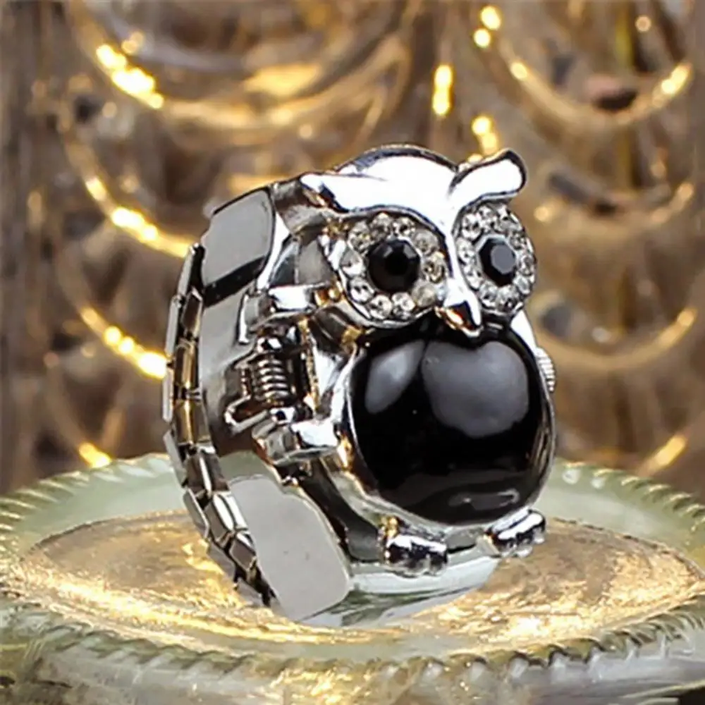 Women Quartz Watch Ring Girl Shiny Rhinestone Owl Case Stainless Steel Elastic Finger Ring Watch