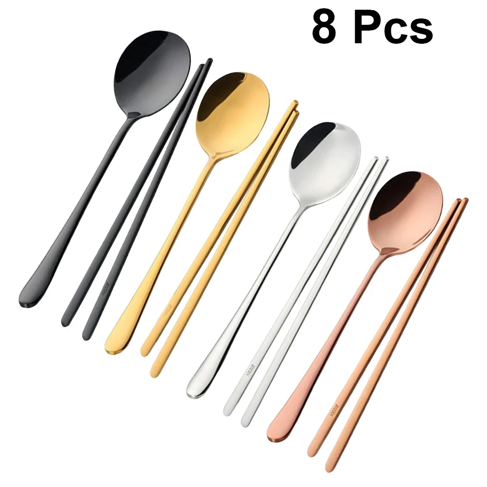 

4Sets Stainless Steel Flatware Set Korean Style Wide Mirror Polish Chopsticks Spoons Dinner Service Tableware Kit