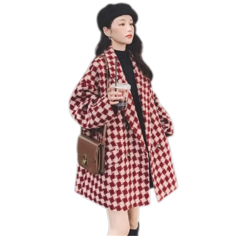 2024 New Autumn Winter Women Thicken Cotton Liner Loose Long PeaCoat High Quality Fashion Argyle Woollen Overcoat Outwear