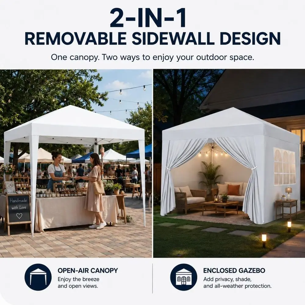 10x10 Up Tent with 4 Removable Sidewalls, White | Equipped with 4 detachable privacy sidewalls and matching wheeled carry bag, g