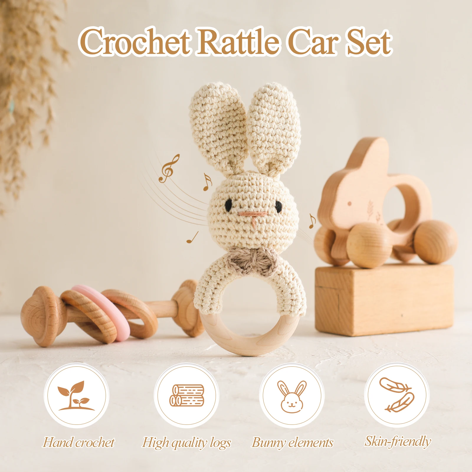 3pc Montessori Baby Educational Toy Set Baby Rattle Teether Animal Crochet Rattle Elephant Rabbit Lion Toy Rattle Teething Toys