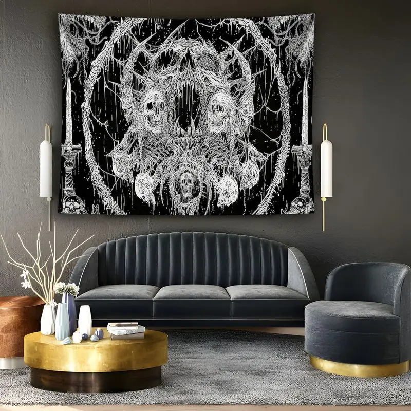 VIKAMA Wall Tapestry Dark Death Metal Wind Skeleton Sword Pattern Tapestry Black and White Gothic Spike Printed Print