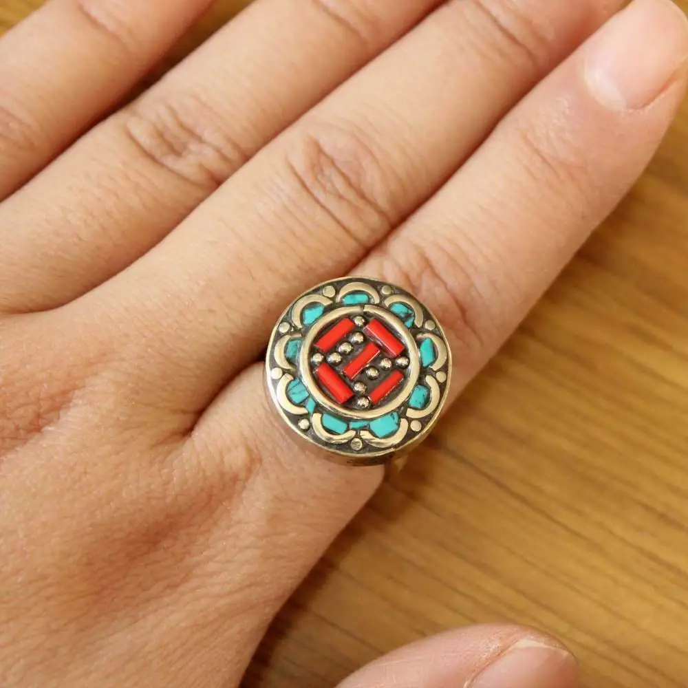 RG368 Ethnic Tibetan Rings Copper Inlaid Turquoises Coral Round or Oval Woman Open Back Adjustable Ring