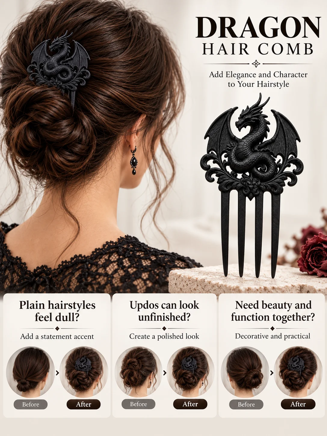 Filigree Curly Grass Embossed Dragon-Shaped Four-Pronged Hair Fork, Gothic Victorian Style, 3D Printed Matte Black Dragon Hairpin, Exquisite Hair Accessory with Pterosaur Baroque Design, Fantasy Medieval Retro Hair Ornament, Non-Slip Toothed Design for Stability, Strong and Durable, Avant-Garde and Eye-Catching, Suitable for Daily Use, Weddings, Parties, Dates, Halloween, Cosplay, Dark Academy Style, Witch Style, Women's and Girls' Hair Accessories