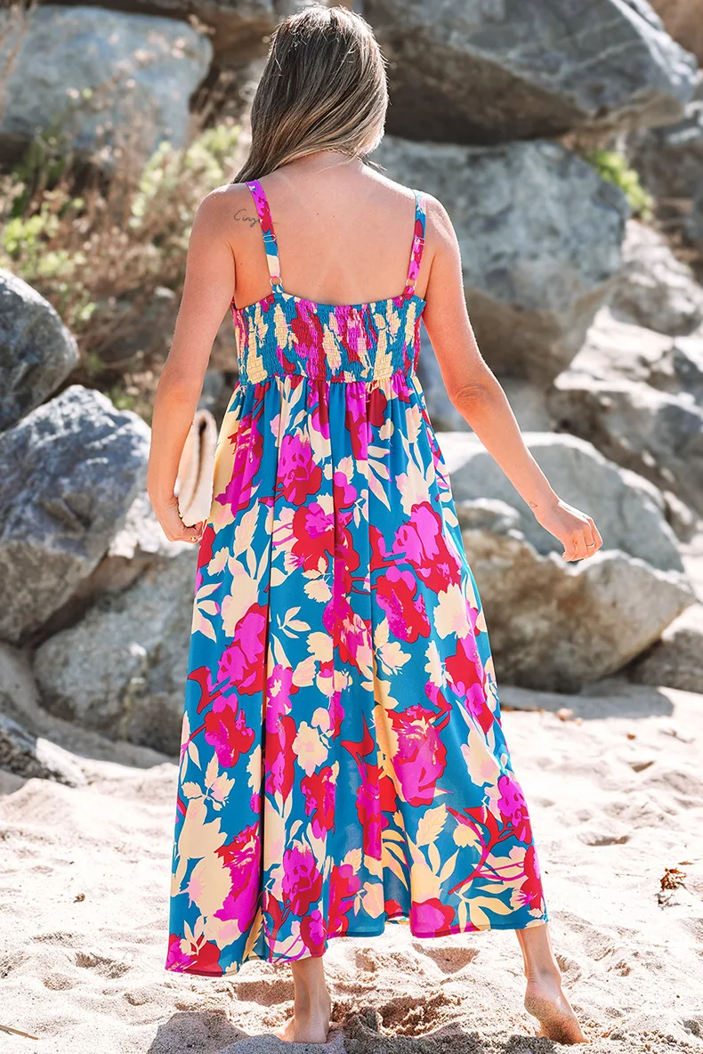 2025 Summer New Hooded Strap A-line Long Dress For Women Fashion Versatile Flower Printed High Waist Vacation Boho Dress