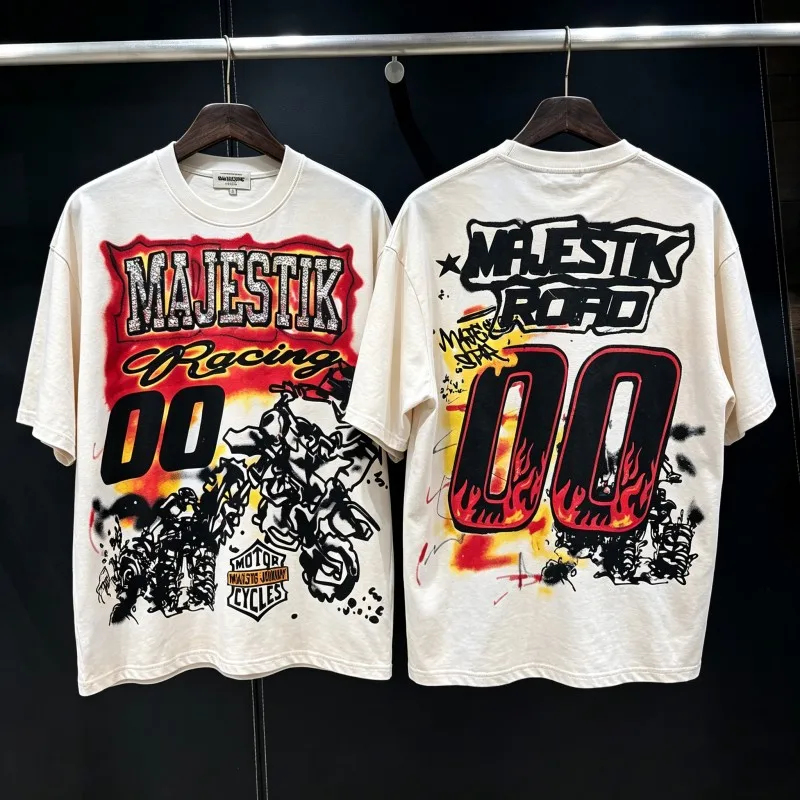 Vintage Washed Dirty MAJESTIK Tshirt Ink Graffiti Motorcycle Skeleton Flame 00 Hotfix Rhinestone Letter Short Sleeve Men Women