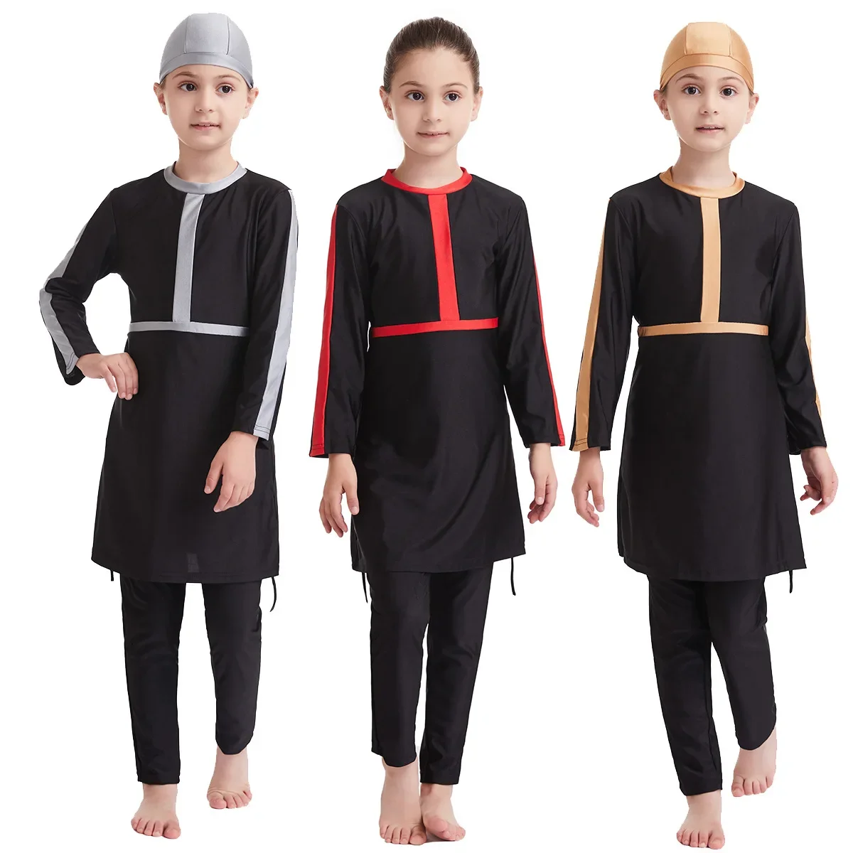 Costumi da bagno musulmani per ragazze Bambini islamici Tre pezzi a maniche lunghe Solido Copertura completa Conservatore Hijab Burkini Costume da bagno con pantaloni