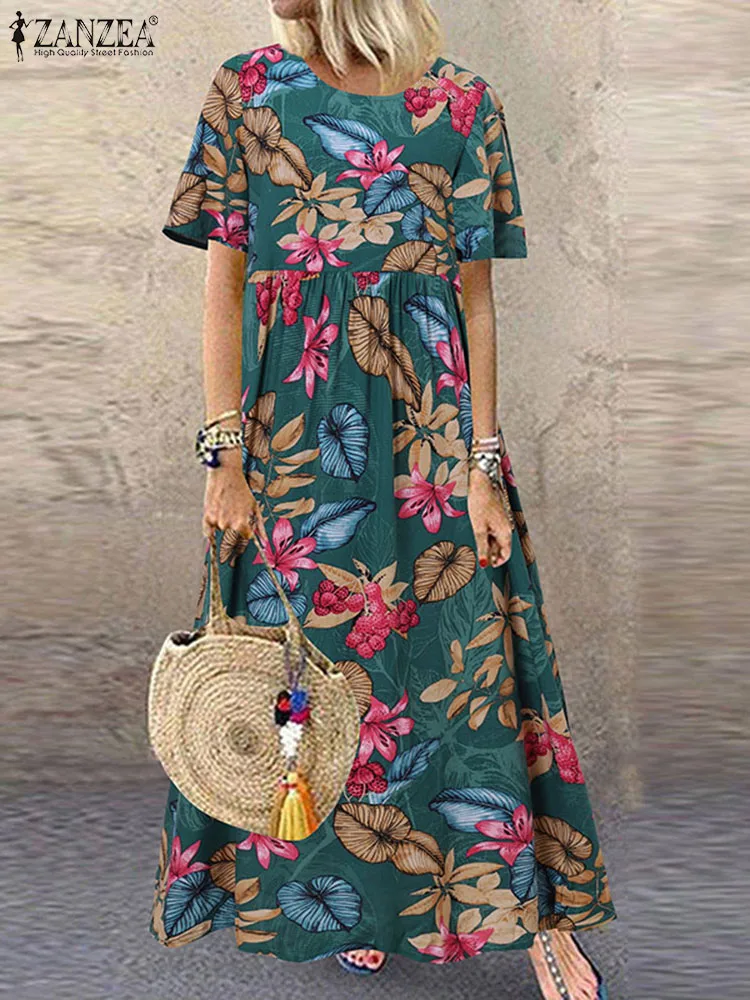 2023 ZANZEA Summer Holiday Beach Dress Robe Femme Women Bohemian Short Sleeve Long Sundress Casual Floral Printed Maxi Vestidos