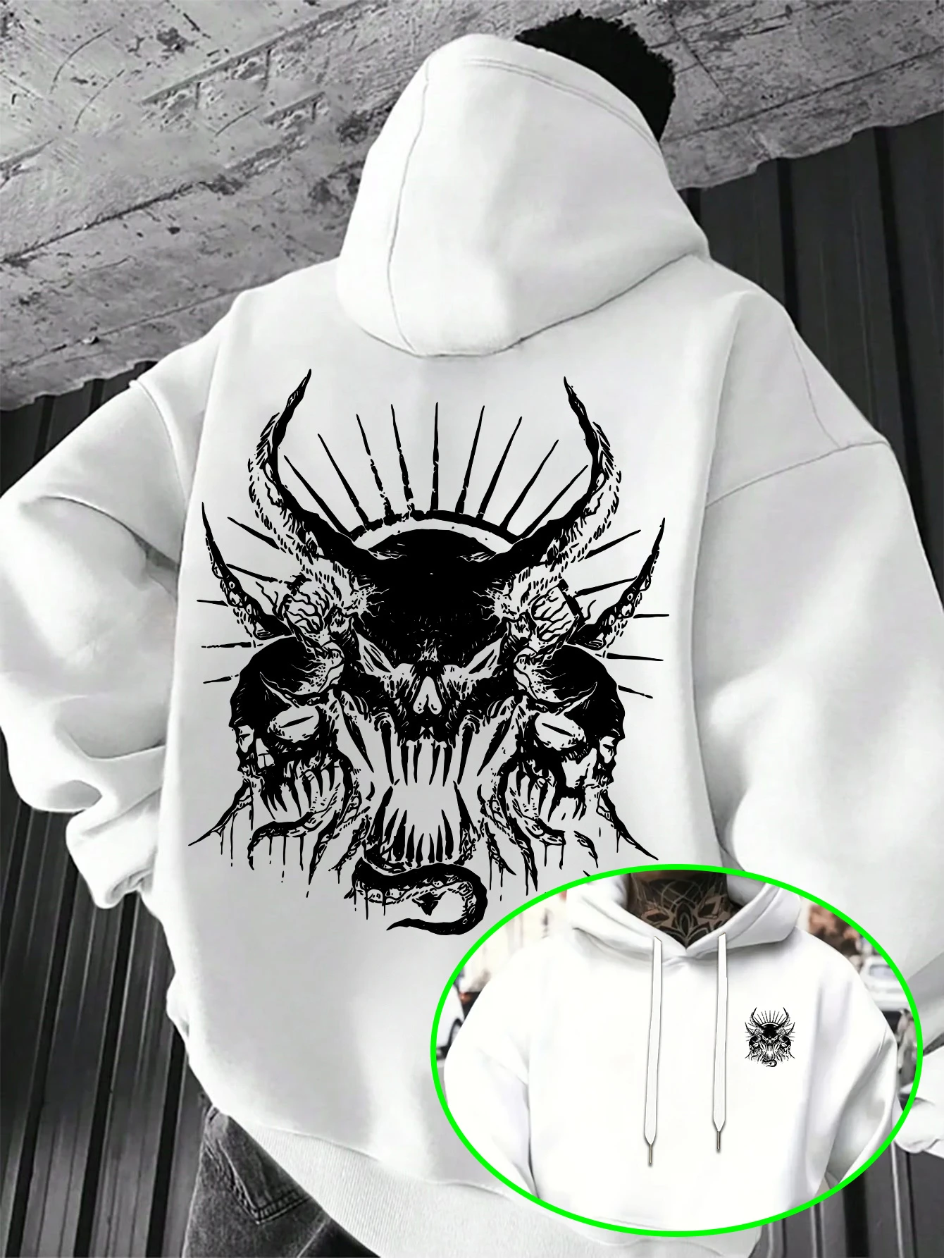 Gothic Devil Skull and Batwing Printed Hoodie Loose Casual Hoodie with Avant Garde Men's Streetwear on The Back