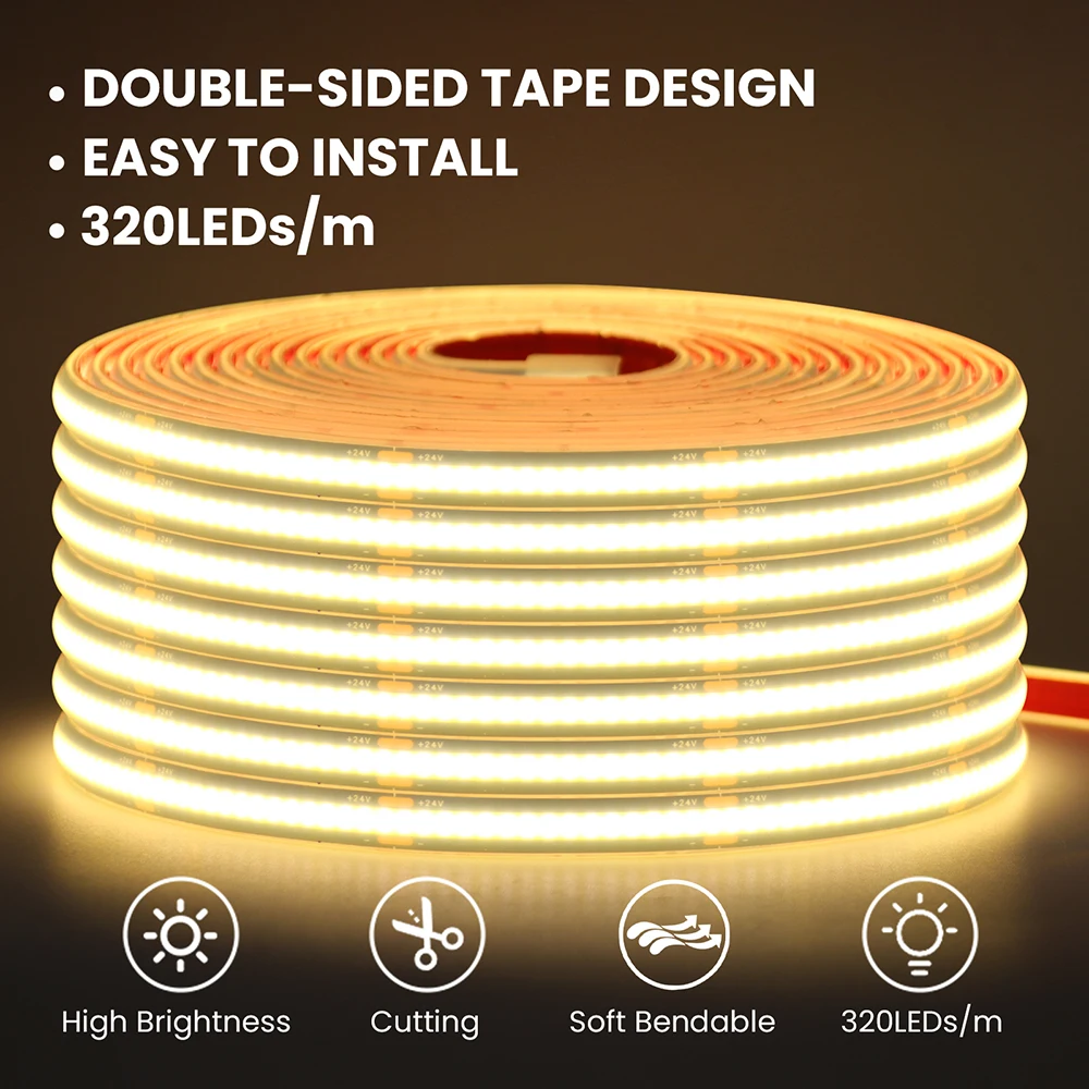 

COB LED Strip 12V 24V 3000K 4000K 6000K IP68 Waterproof Black PCB RA90 320LEDs/m Tape Light for Bathroom Garden Pool Lighting
