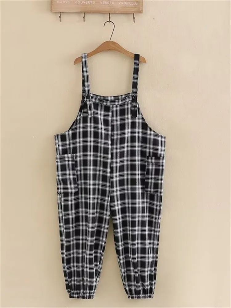 

Plus Size Women's Clothing Suspender Pants With Pockets On Both Sides Checkered Cotton Fabric Large Size Spring And Autumn Pants