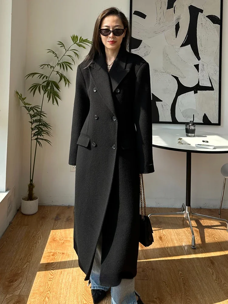 Black Slim Women Double-sided Wool Cashmere Overcoat Fashion Loose Double Breasted Woolen Coat Elegant Tide Fit Autumn Winter
