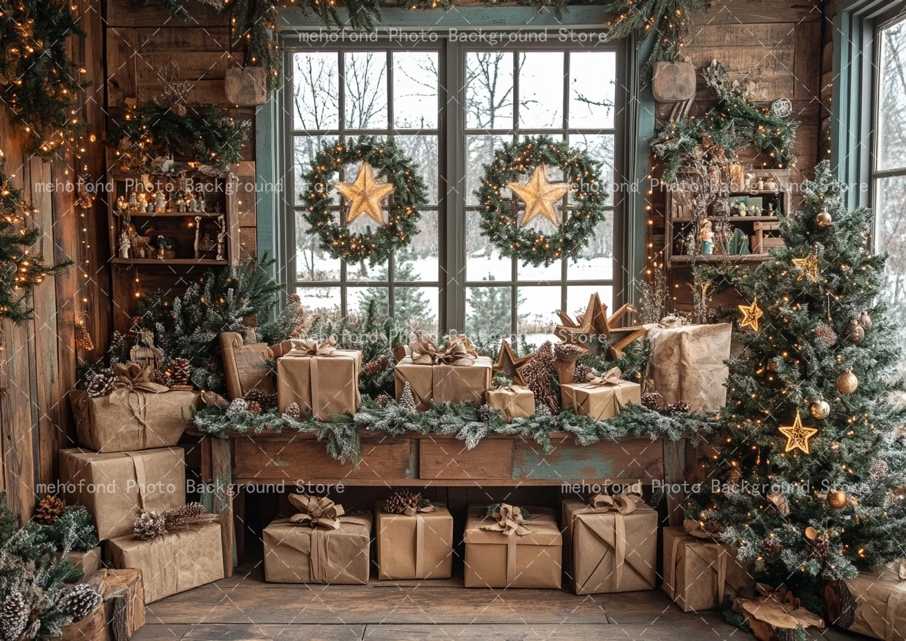 Mehofond Photography Background Christmas Wooden Bench Pentagram Lamp Grass Global Ornament Kids Family Portrait Backdrop Decor