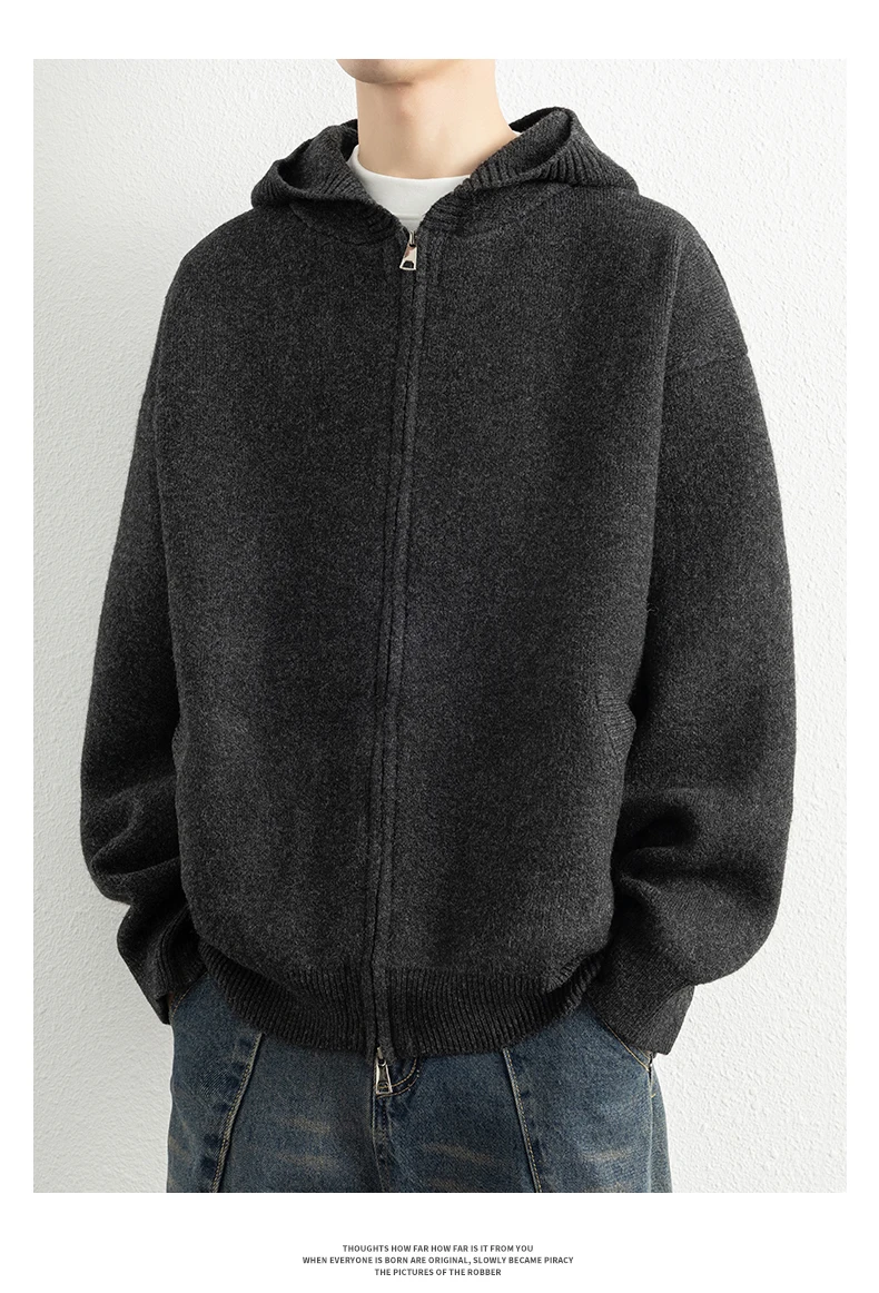 Legible Autumn Winter Casual Sweaters Men Solid Color Hooded Sweatercoats Male Loose Zip-up Knitted Cardigan Man