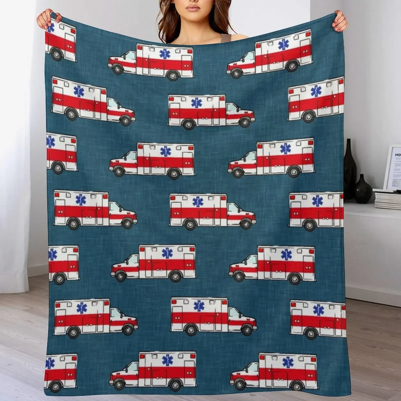 Ambulance on Dark Blue Throw Blanket Modern Design Soft Blanket for Home Decor