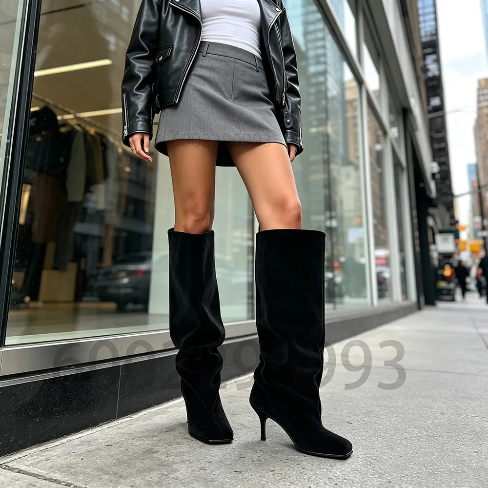 Faux Suede Slouch Knee High Boots Women Square Toe Stiletto Heel Oversized Shaft Fold-Over Party Evening Long Boots