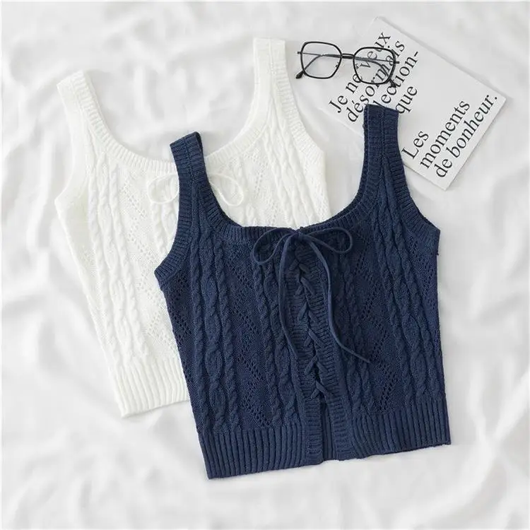 2026 Neue Sommer Damen Modische O-Ausschnitt Ärmellose Twist-Strick Camisole mit Kreuzbandage und Schleife, Einfarbiges Kurzes Westen-Top