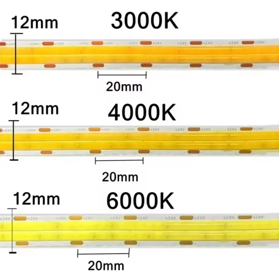 더블 로우 COB LED 스트립, 유연한 600LED/M 매우 밝은 고밀도 스트립, 조도 조절 LED 조명, 2000LM/M DC24V, 3000K 4000K 6500K