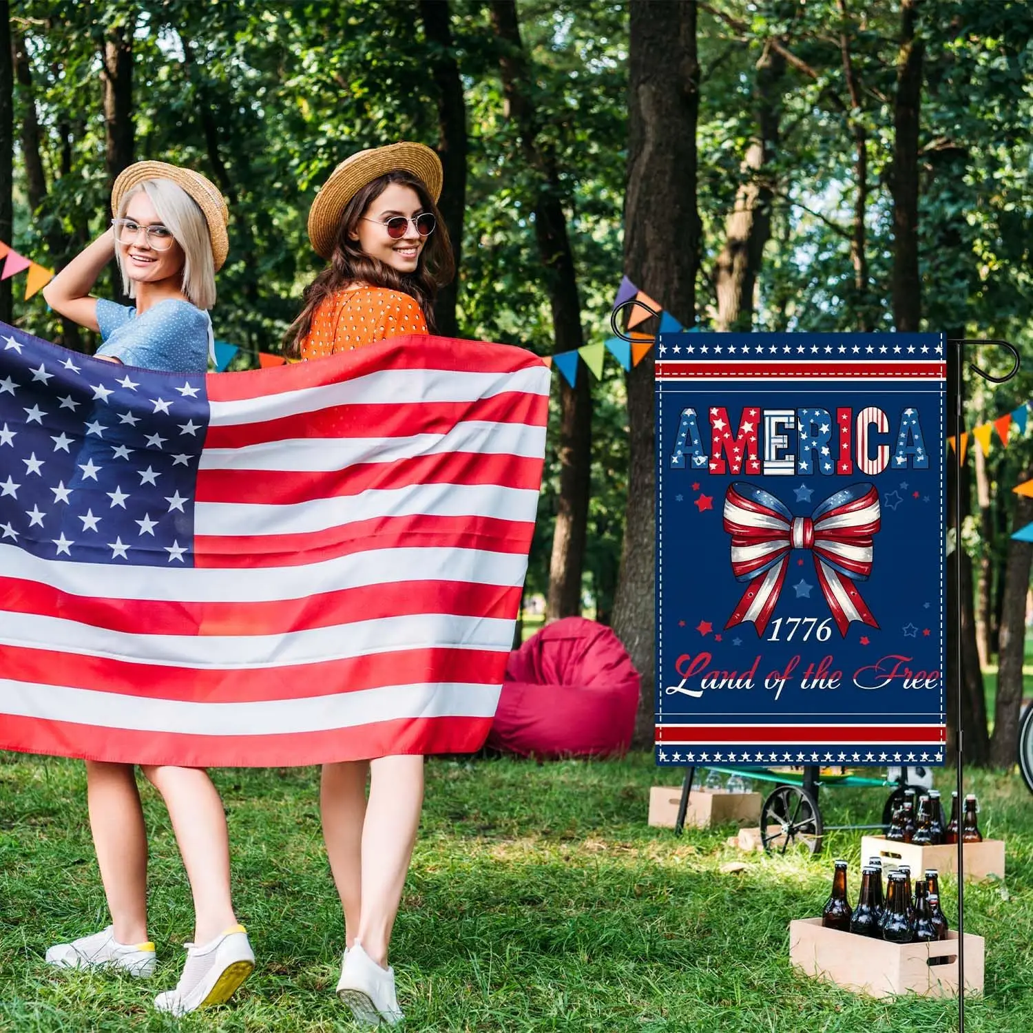 America 1776 Land of the Free Patriotic Garden Flag, 4th of July Red White Blue Bow Double Sided 12x18 Inch Burlap Yard Bann jjp