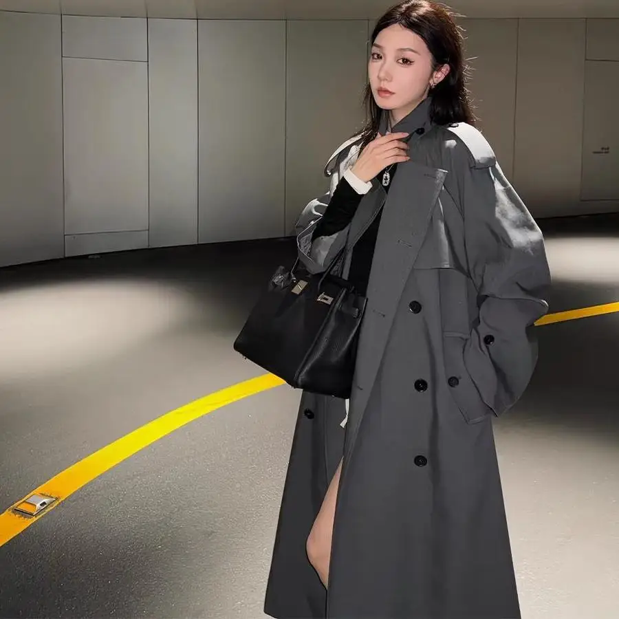 

Женское пальто большого размера (до 300 фунтов) с двойным рядом пуговиц, средней длины, с воротником, в корейском стиле, оверсайз, весна-осень, верхняя одежда