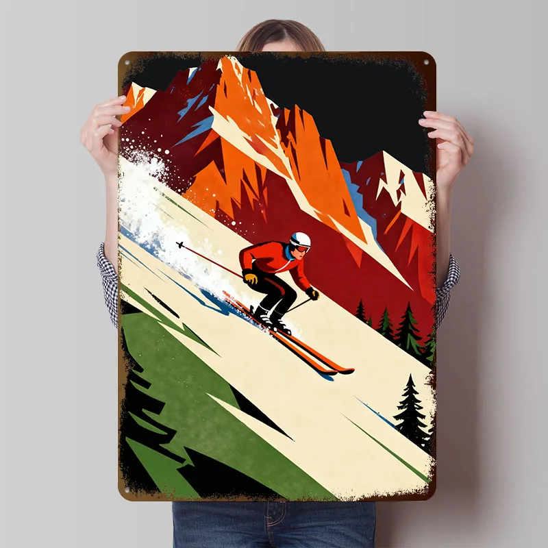 Retro-Skiaufdruck-Poster, personalisierte Retro-Wandkunst, Vintage-Metallschilder für Bürodekoration, Raum- und Garagendekoration