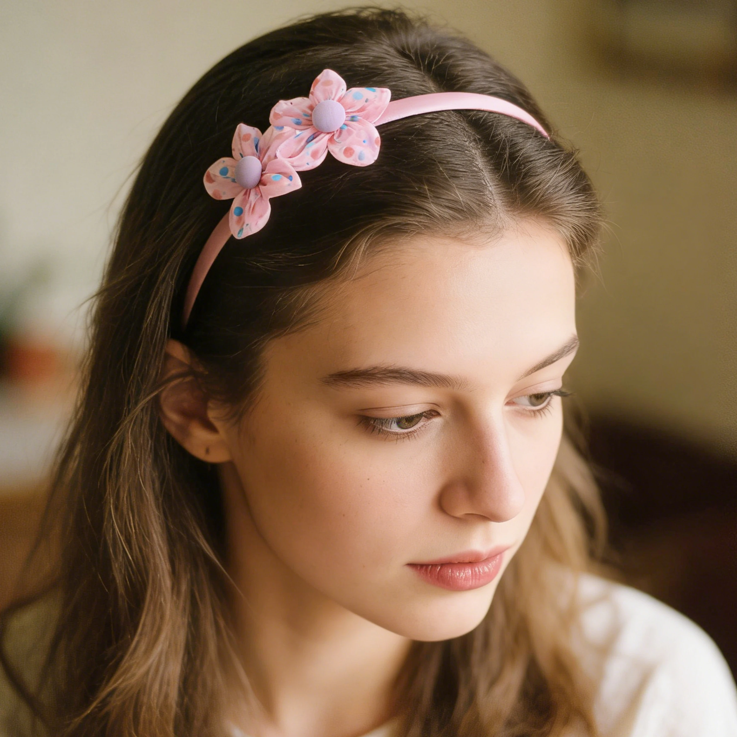 1/5 piece, sweet polka dot mesh flower headband with multi colored girl's heart hair accessory.