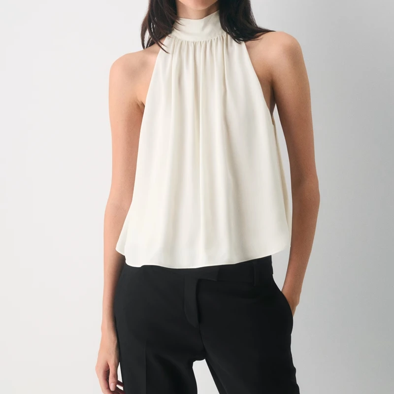 Womens Pleated Halter Top Y2k Sleeveelss Bowknot Tie Back Mock Neck Vest Summer Sheer See-through Shirt Dressy Casual