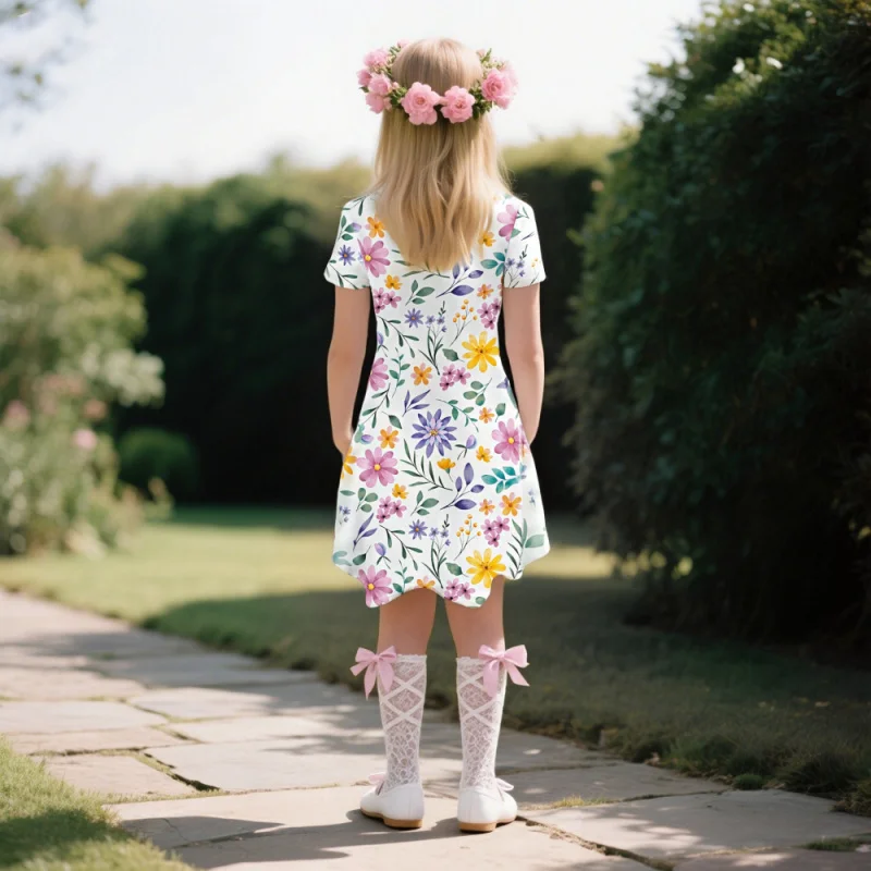Hot Sale Girls Short Sleeve Floral Dress - Vibrant Watercolor Flower Print Flowy A-Line Casual Summer Dress for Kids
