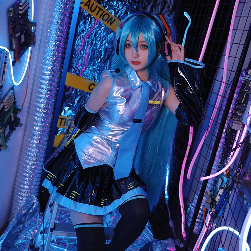 PU leather Vocaloid Miku cosplay costume anime midi dress Halloween Christmas party clothes for girl