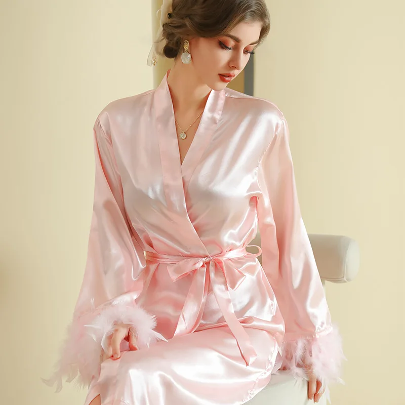 Feather Kimono Bathrobe Lady Satin Nightwear Lounge Sleepwear Sexy Nightdress Bride Wedding Morning Gown Women Casual Nightgown