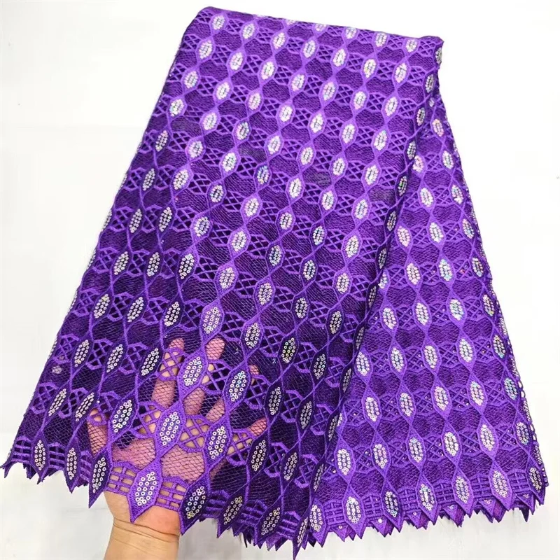 

Latest African Guipure Cord Lace Fabric With Sequins purple High Quality African Water Soluble Lace Fabric For Women Dresses