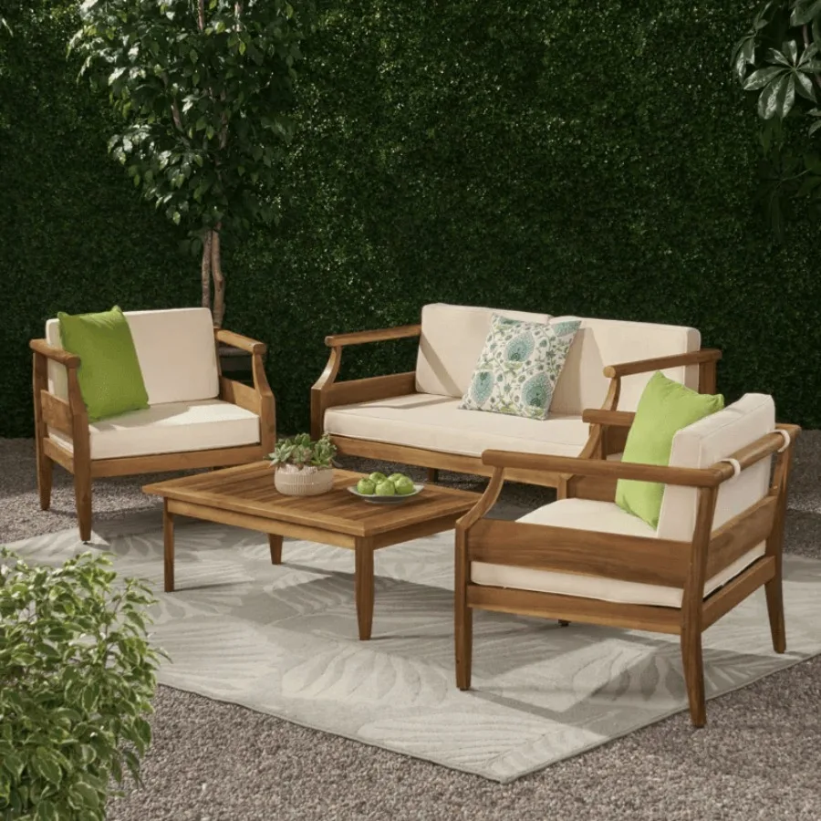 

Aston Outdoor MidCentury Modern Cushioned Acacia 4seat Chat Set Teak Finish + Cream Cushion