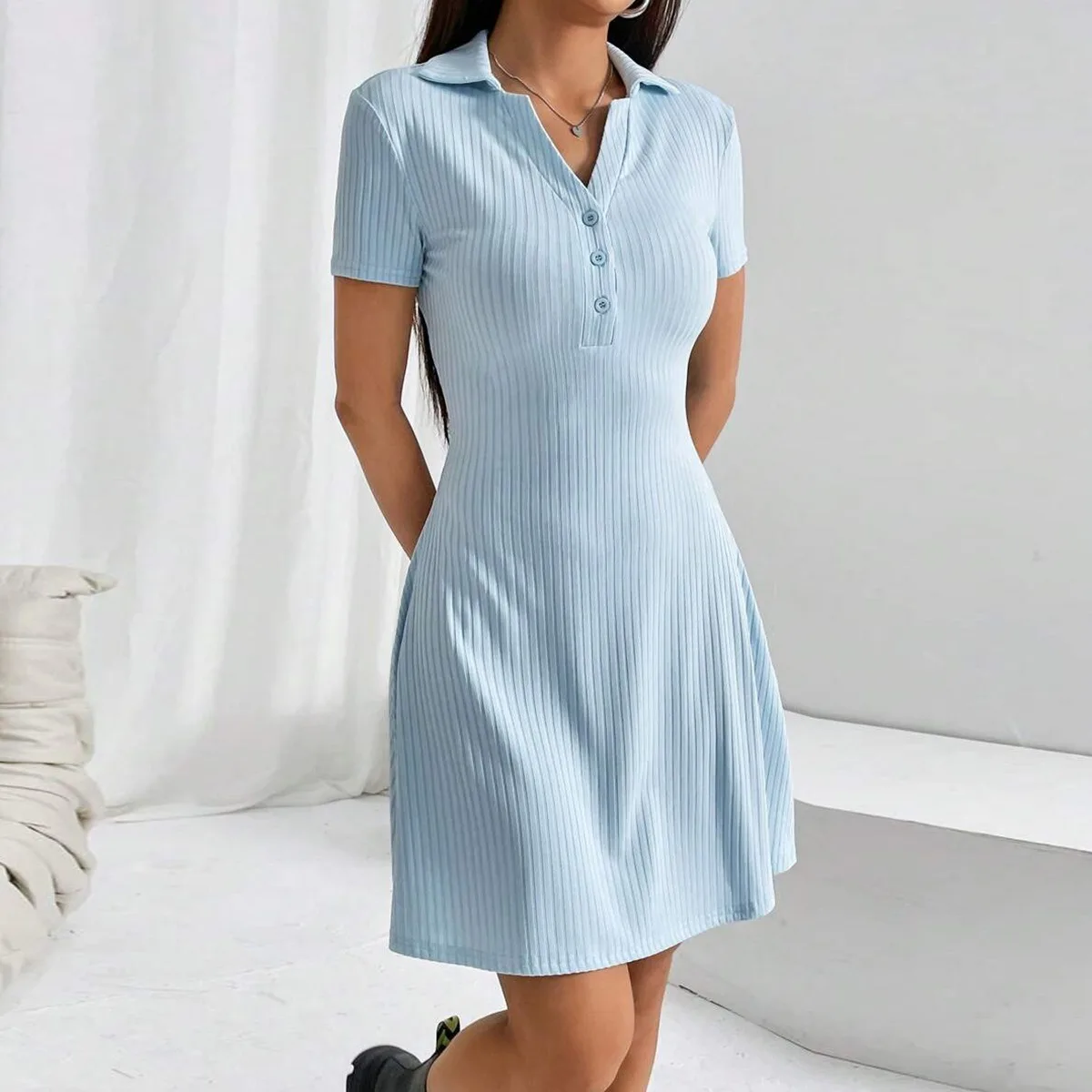 

Summer new Polo Collar Women's Dress casual slim solid Sweet preppy style Bodycon Short Skirt Fashionable Elegant A-line dresses