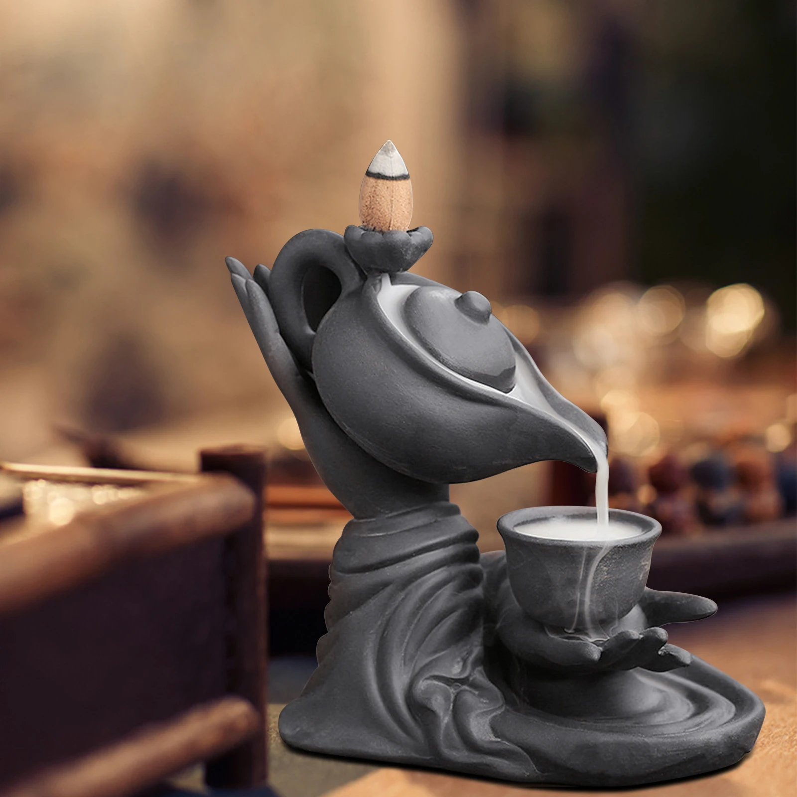 

Ceramic Backflow Incense Censer Buddha Hand Holder Teapot Waterfall & Free Cones Gift Home Ornament Relax the Mind Helps Sleep