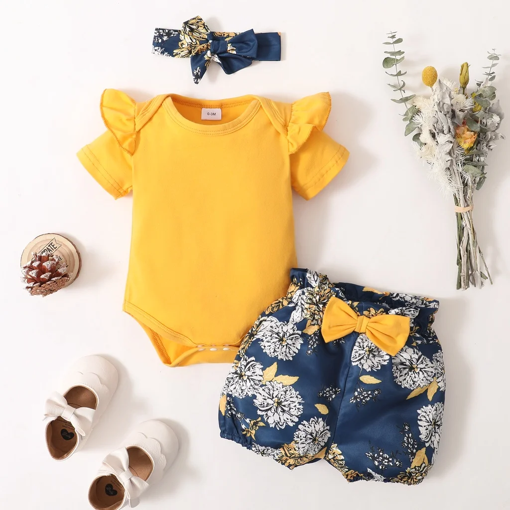 3Pcs Clothes Set Baby Girl Plain Color Ruffle Short Sleeves Bodysuit+Floral Short+Headband Lovely Summer Costume for 0-18 Months