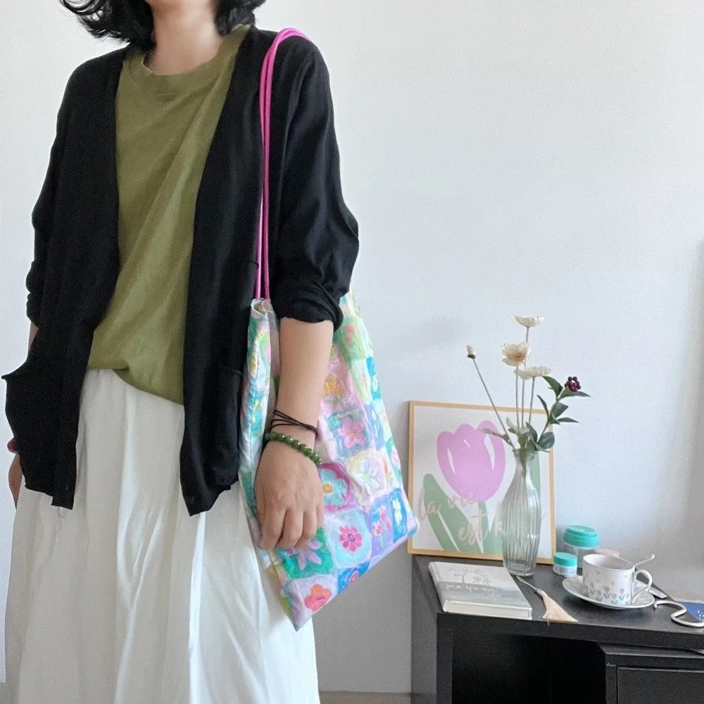 Aesthetic Pastel Flower Floral Shoulder Bag PU Strap Pastoral Style Canvas Bag Cloth Shopping Bag Beach Outing