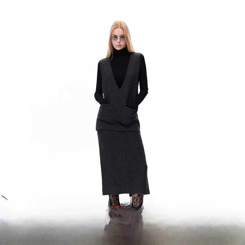 

Loala Office mat Wool Knitted Set with V-Ne f Skirt High Waist A-Line Silhouette Casual Pure Color Ladies Skirt