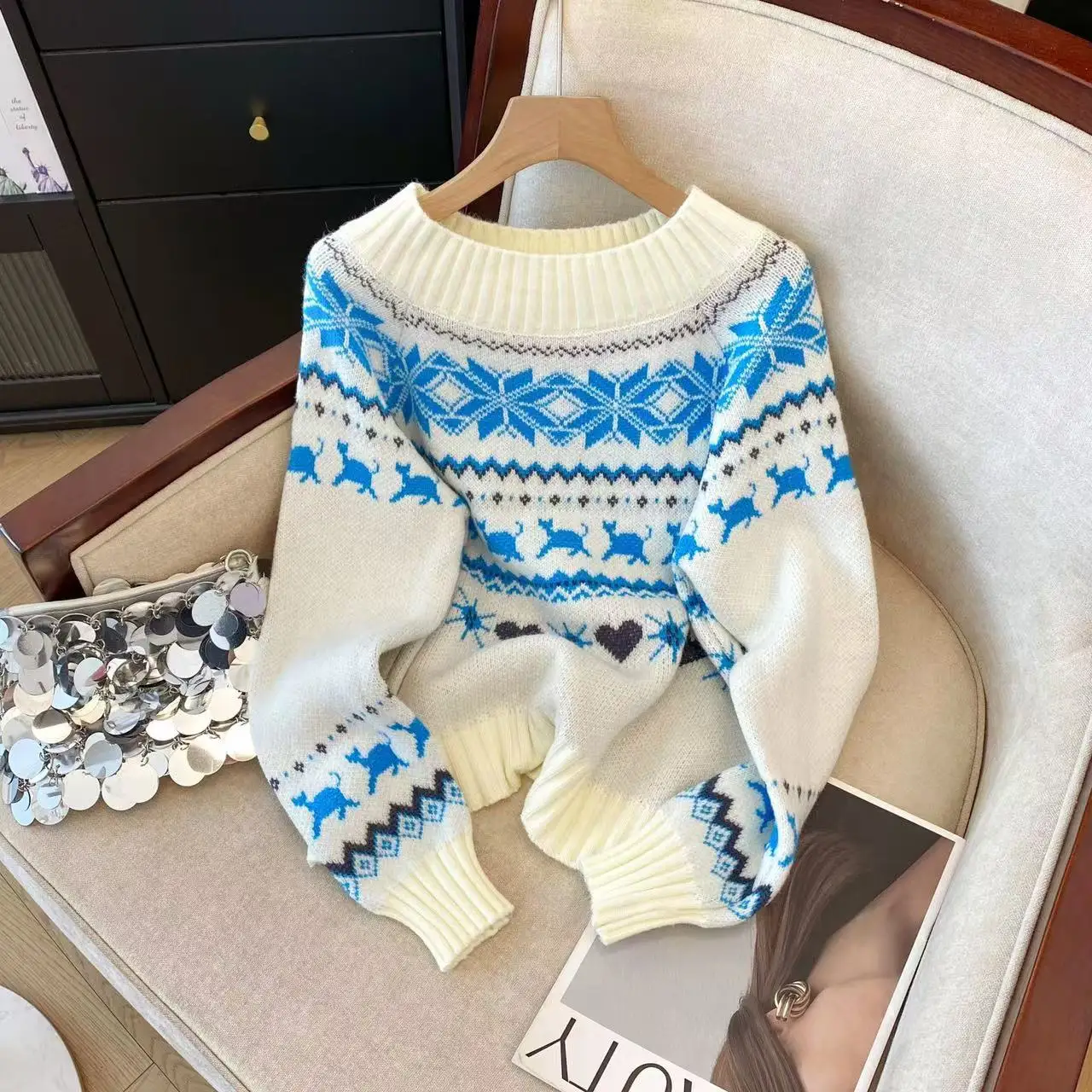 

Women's O-Neck Pattern Pullover Knitwear Long Sleeve Slash Neck Christmas Sweater Harajuku Vintage 2000s Sweater Clothes Autumn