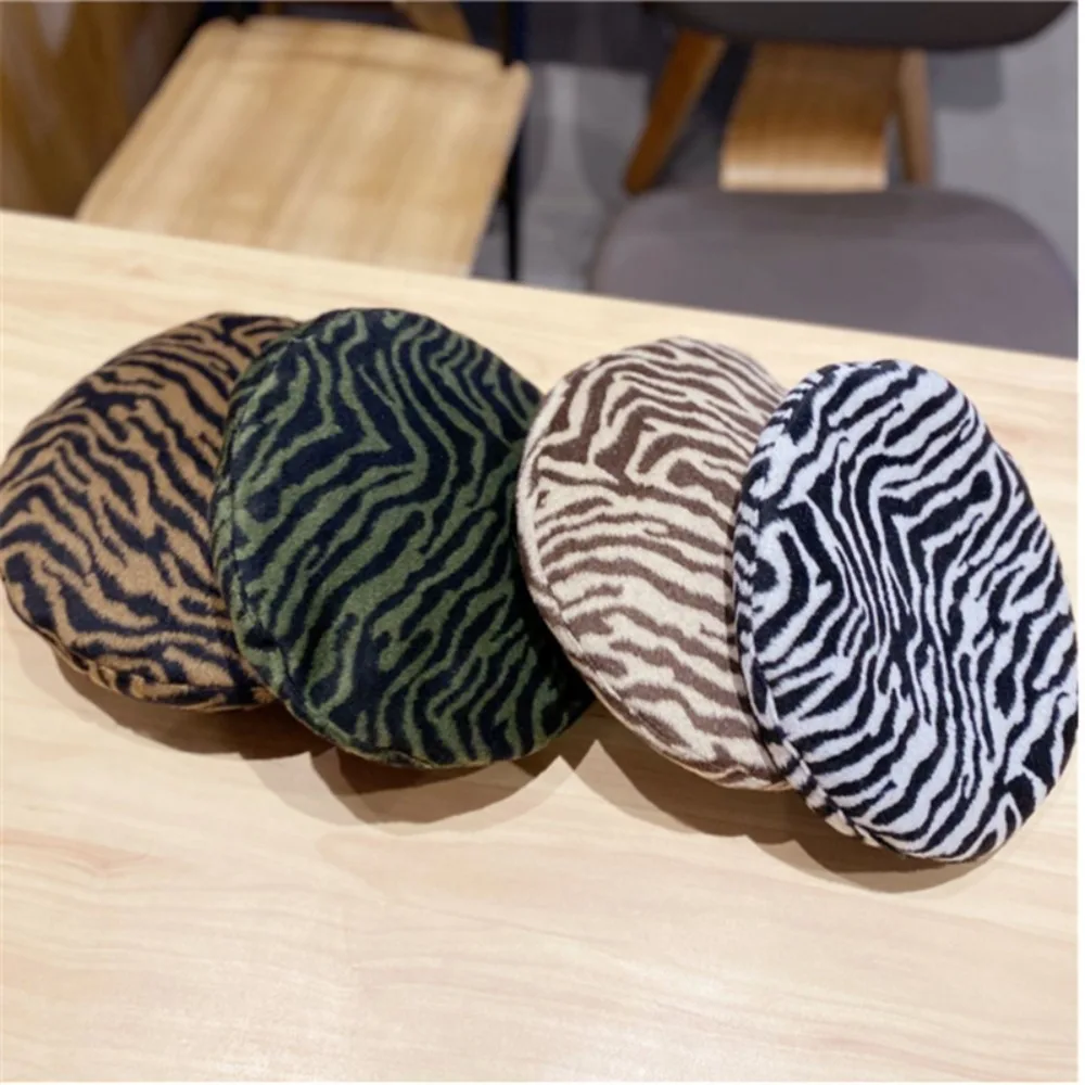 Baskenmütze mit Zebrastreifen-Aufdruck, Herbst-Retro-Damenmütze, Winter, lässige Mode, Malermütze, winddicht und warm, Kürbismütze