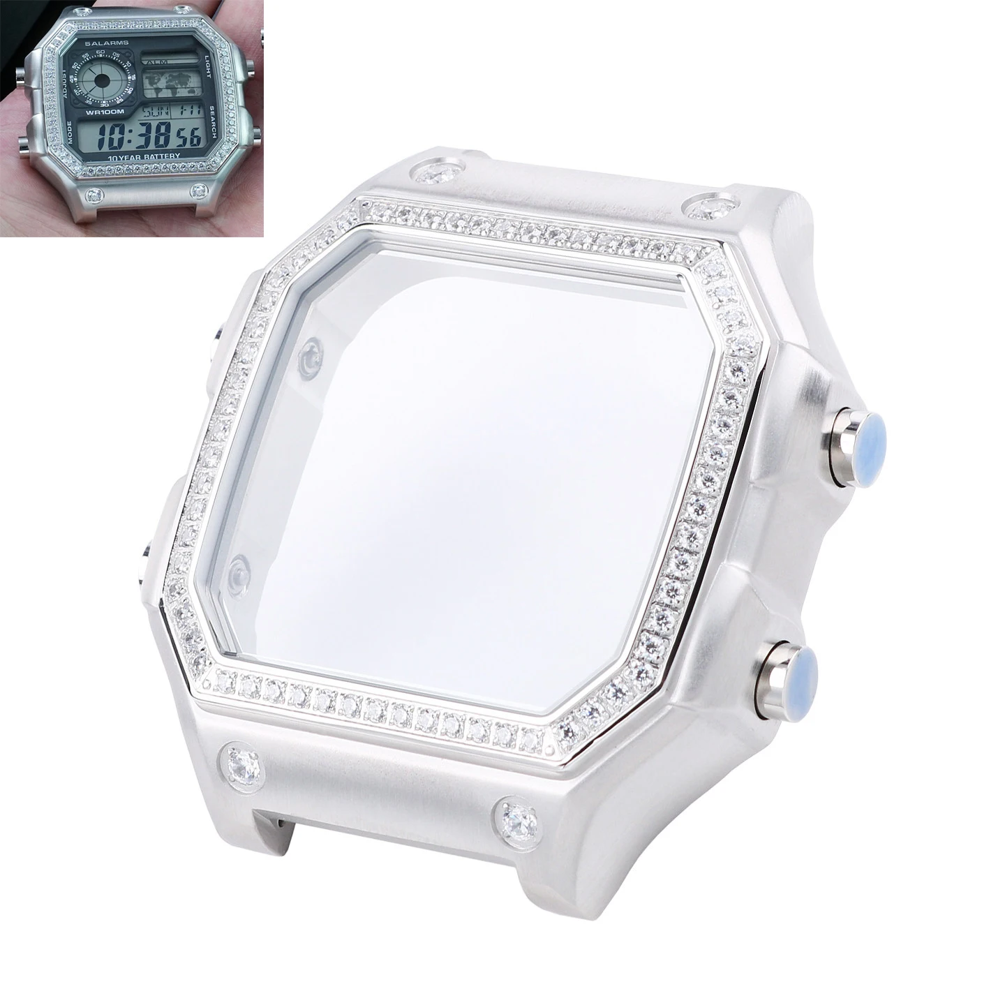 

Корпус для часов Casio 3299, маленький квадратный, DIY, с бриллиантами, модифицированный, из нержавеющей стали, с бриллиантовой отделкой